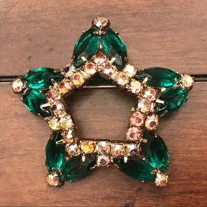 Green and Aurora Borealis Vintage Pin Brooch